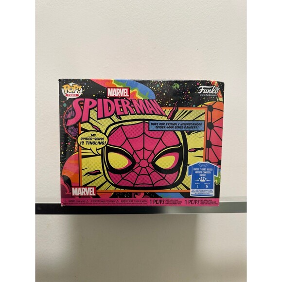 Spider-Man Blacklight 652 Size L T Shirt Box Set Funko Pop Figure NEW - Picture 2 of 5
